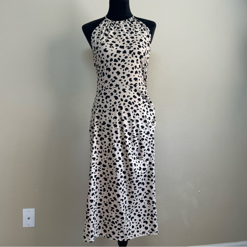 WAYF dress women medium halter bodycon backless animal print midi length brown - Picture 1 of 8